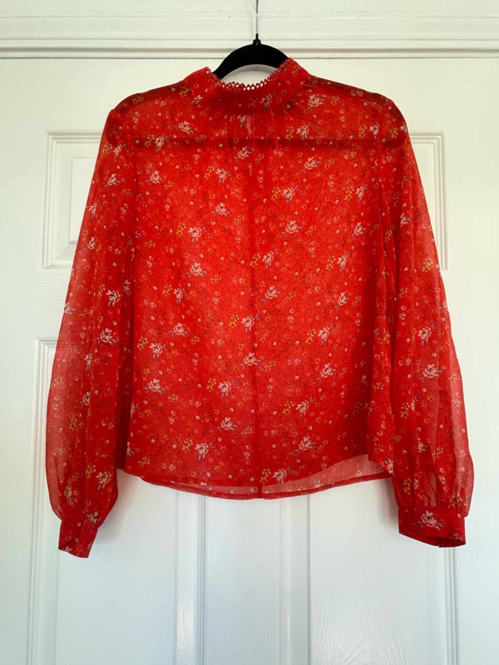 French Connection Red Sheer Floral High-Neck Blouse